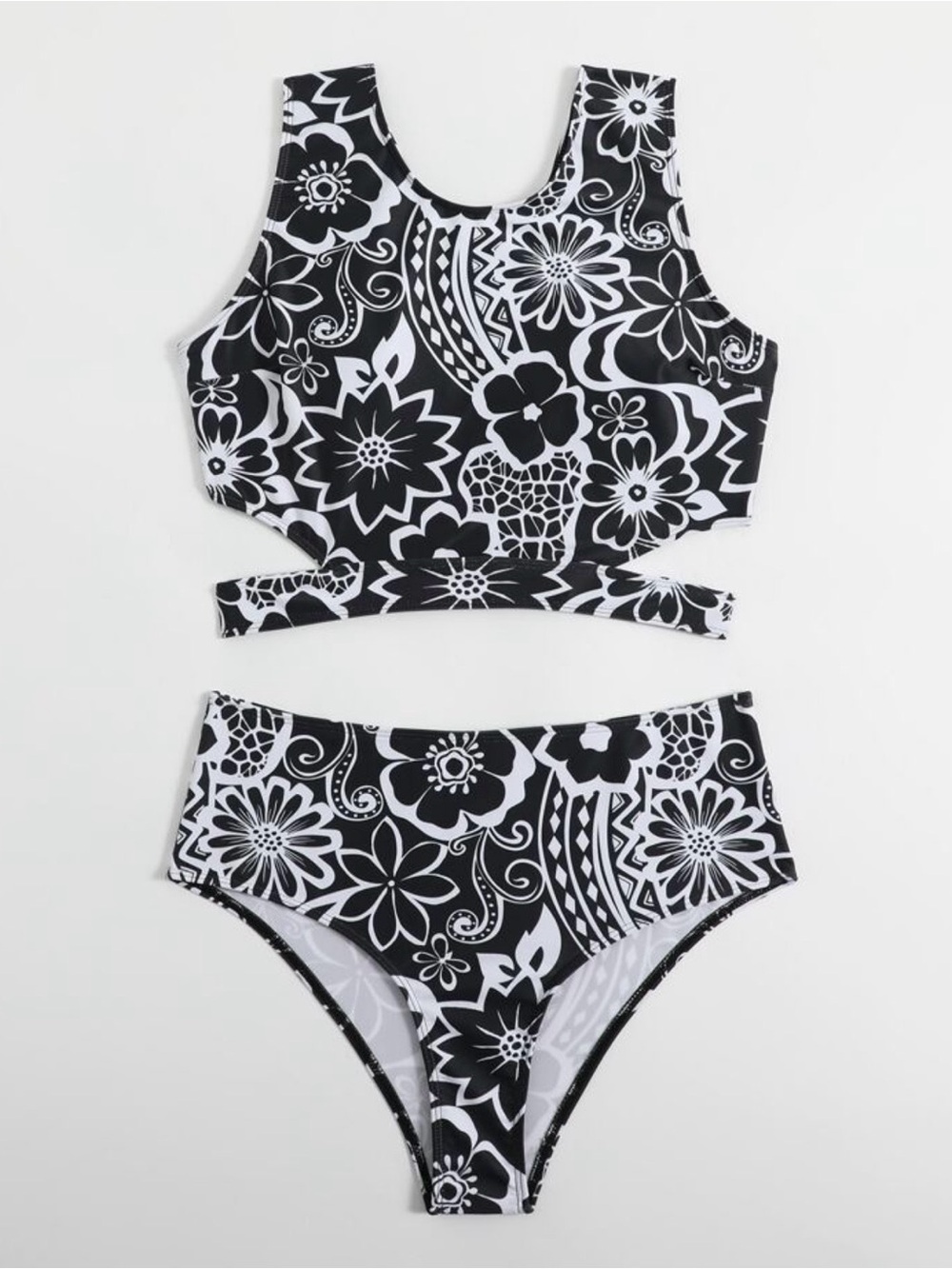 Black & White Floral Two-Piece Swimsuit NWOT